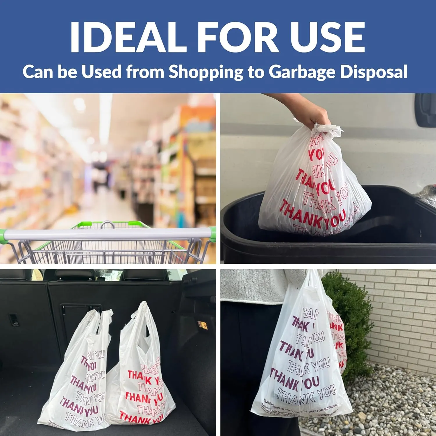Thank You T-Shirt Carry-Out Bags, Disposable Plastic Bags with Handles for Shopping and Restaurant, 1/6 Barrel, 0.49 Mils, White/Red, 12" x 7" x 22" Large, 1000 Count