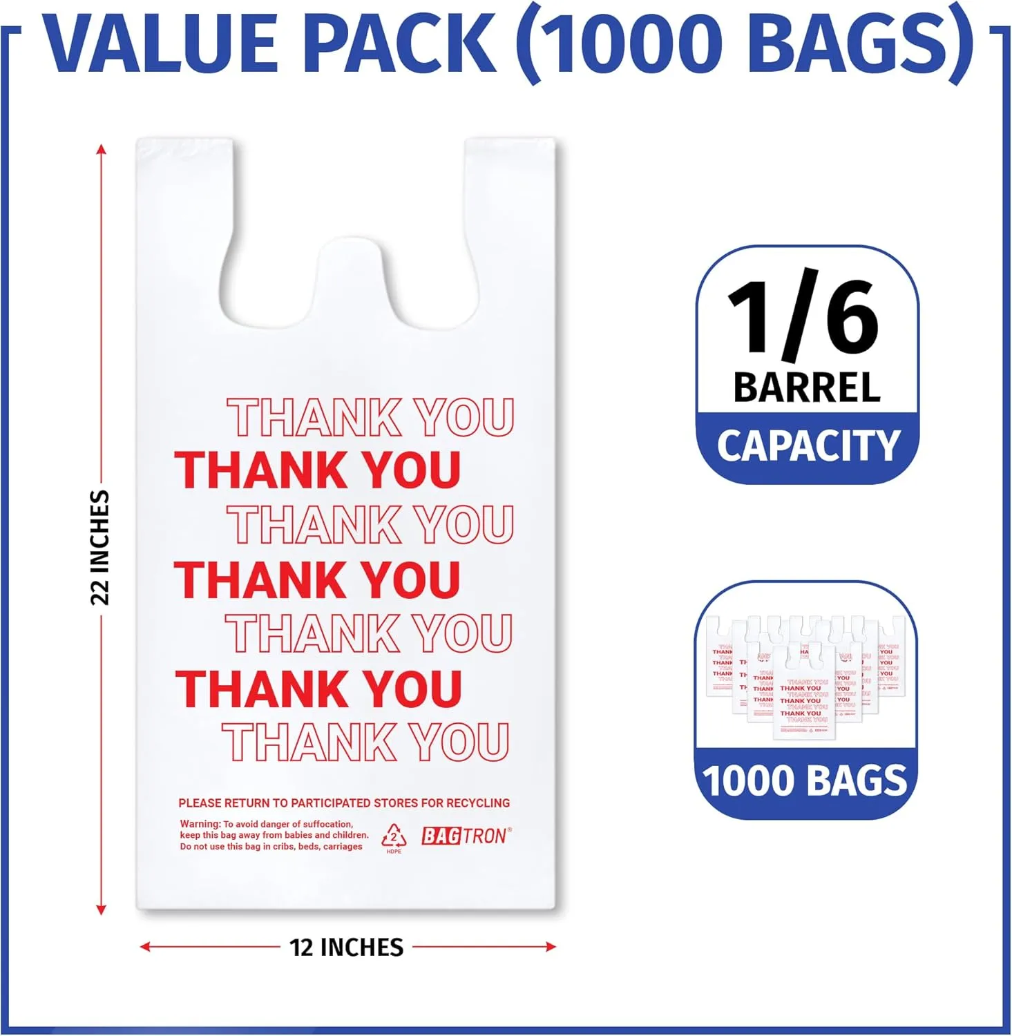 Thank You T-Shirt Carry-Out Bags, Disposable Plastic Bags with Handles for Shopping and Restaurant, 1/6 Barrel, 0.49 Mils, White/Red, 12" x 7" x 22" Large, 1000 Count