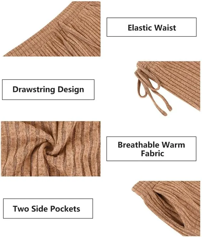 TIYOMI Plus Size Ribbed Pants for Women Drawstring High Waist Wide Leg Lounge Pants Knit Flared Trousers with Pockets XL-5XL