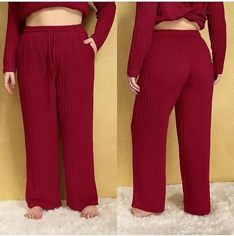 TIYOMI Plus Size Ribbed Pants for Women Drawstring High Waist Wide Leg Lounge Pants Knit Flared Trousers with Pockets XL-5XL