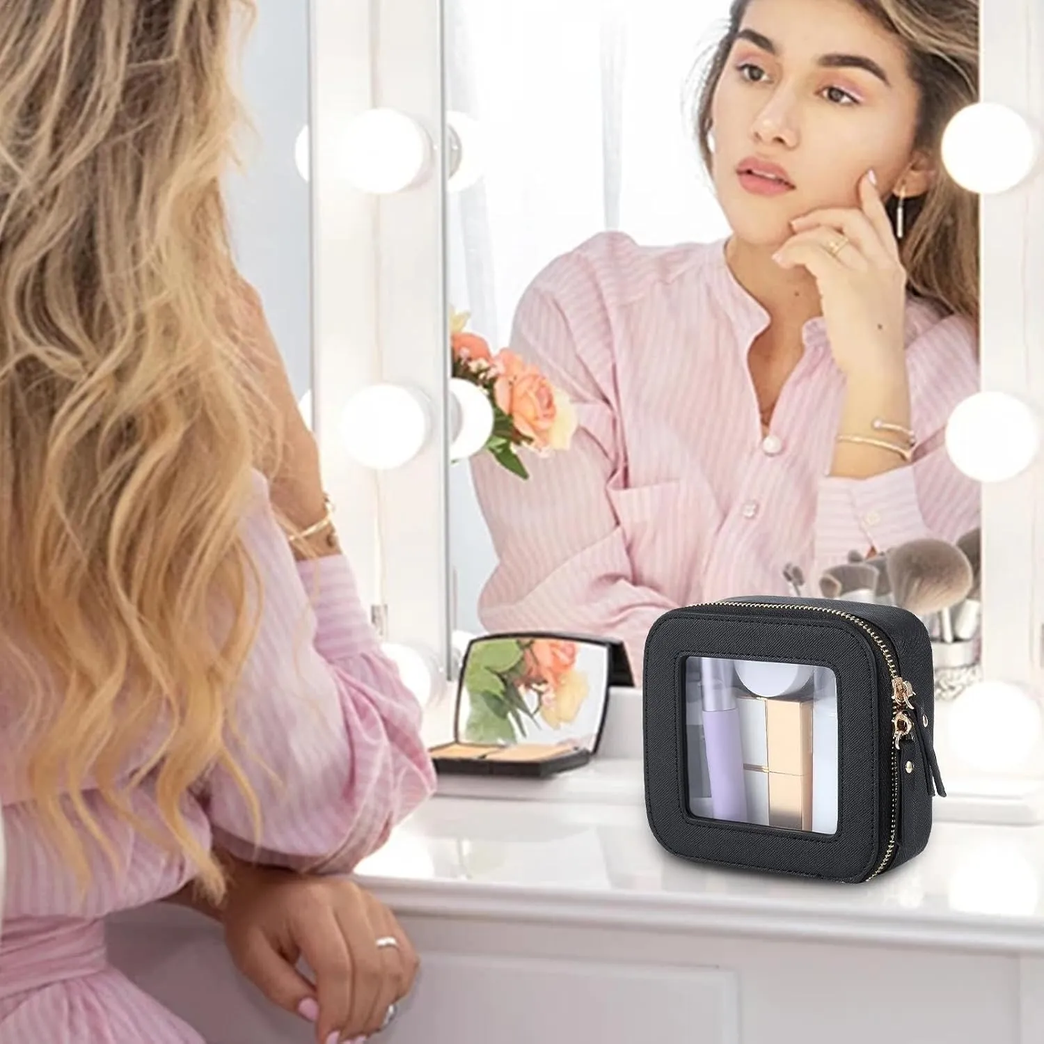 Travel Cosmetic Bag, Travel Make Up Bag, Zippered Portable Makeup Bag, Lightweight Storage Bags 5.04 x 4.92 x 2.28 Inches for Travelling, Home, Camping (Black, Pink, Beige, Light Brown)