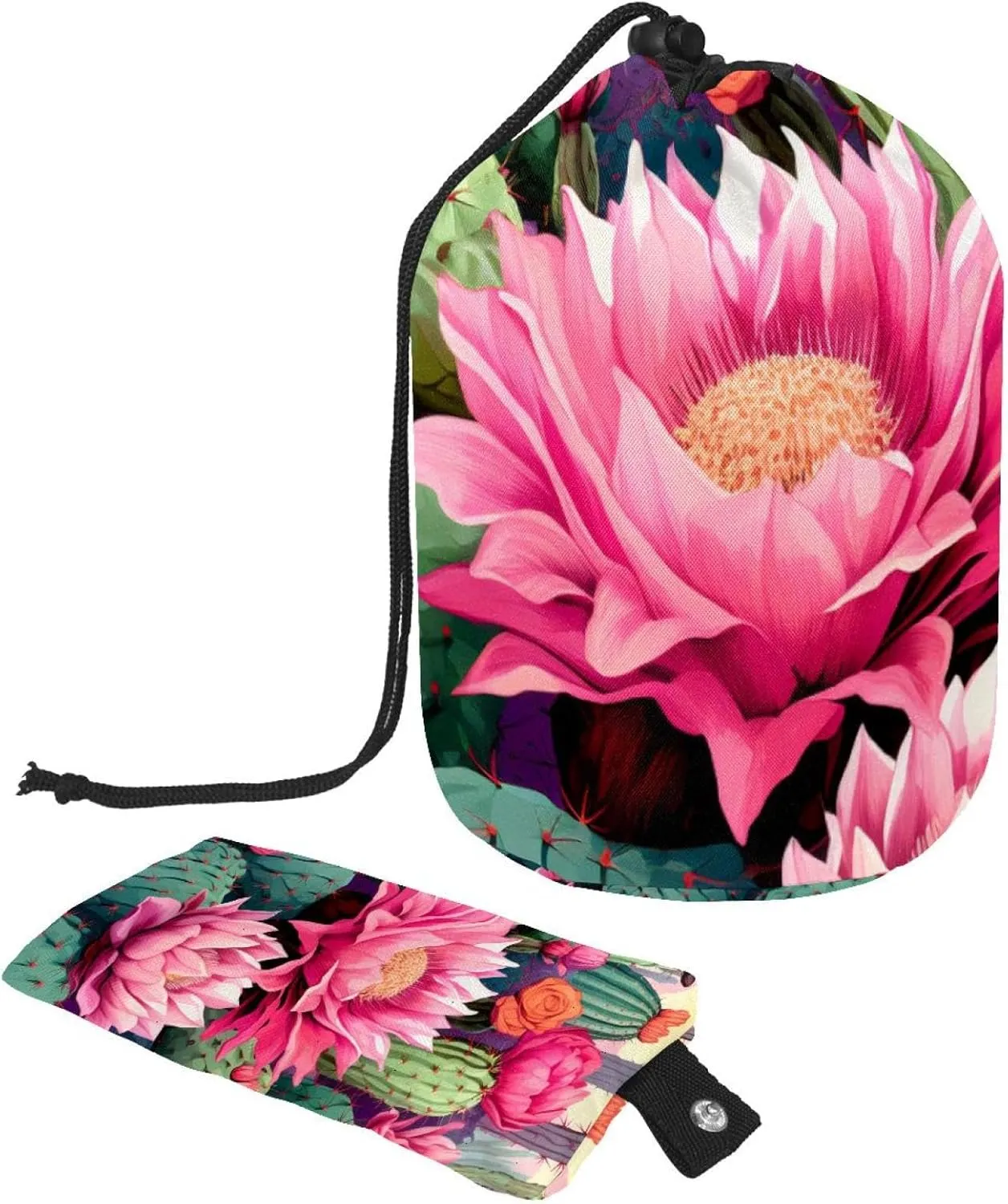 Travel Cosmetic Bags bucket Makeup Bag, Art Colorful Cactus Pattern Women Portable Foldable Cases, Multifunctional Toiletry Bucket Bags Round Organizer Storage