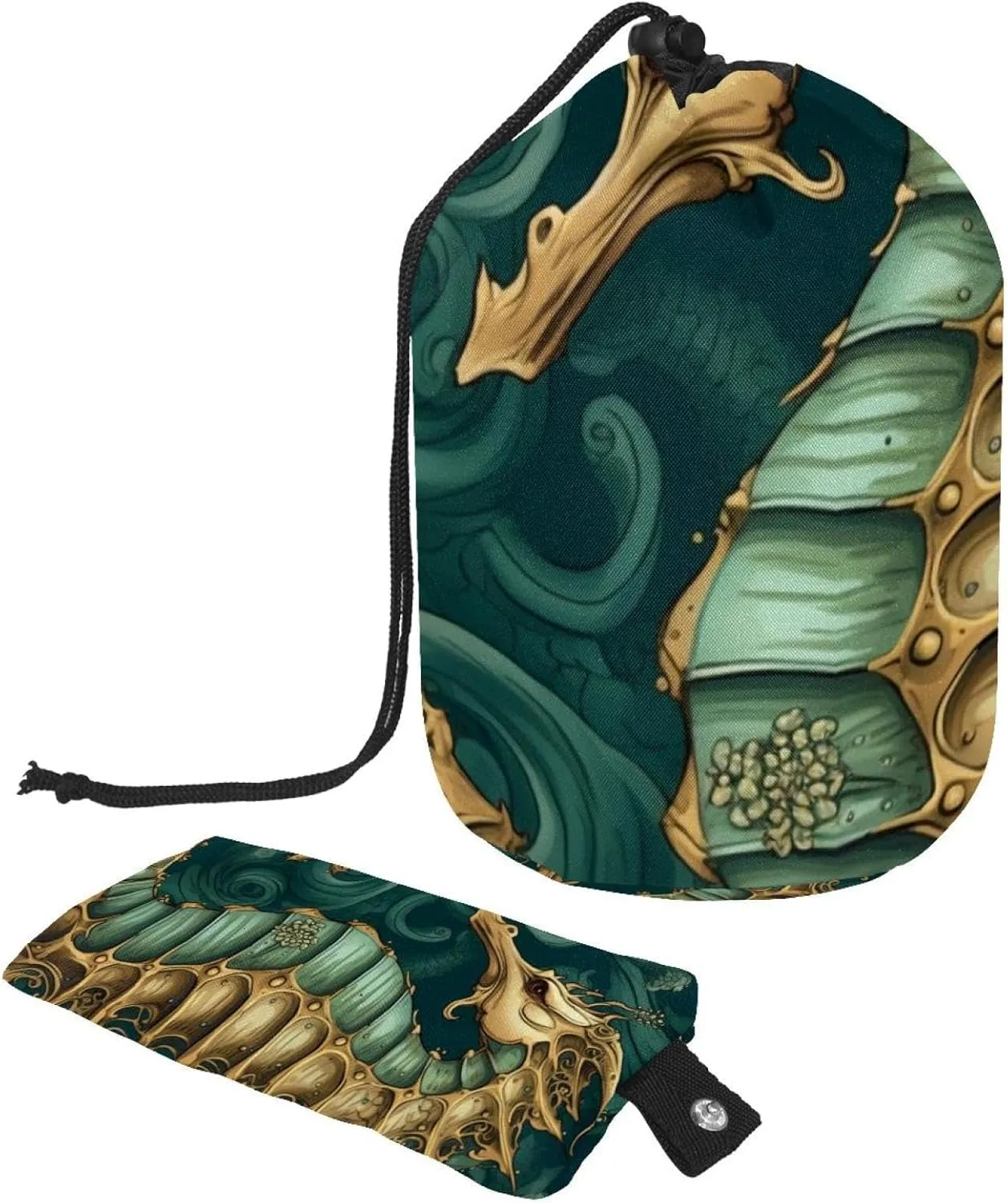 Travel Cosmetic Bags bucket Makeup Bag, Art Green Seahorse Women Portable Foldable Cases, Multifunctional Toiletry Bucket Bags Round Organizer Storage