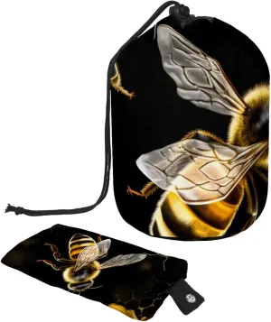 Travel Cosmetic Bags bucket Makeup Bag, Art Nature Golden Bee Women Portable Foldable Cases, Multifunctional Toiletry Bucket Bags Round Organizer Storage