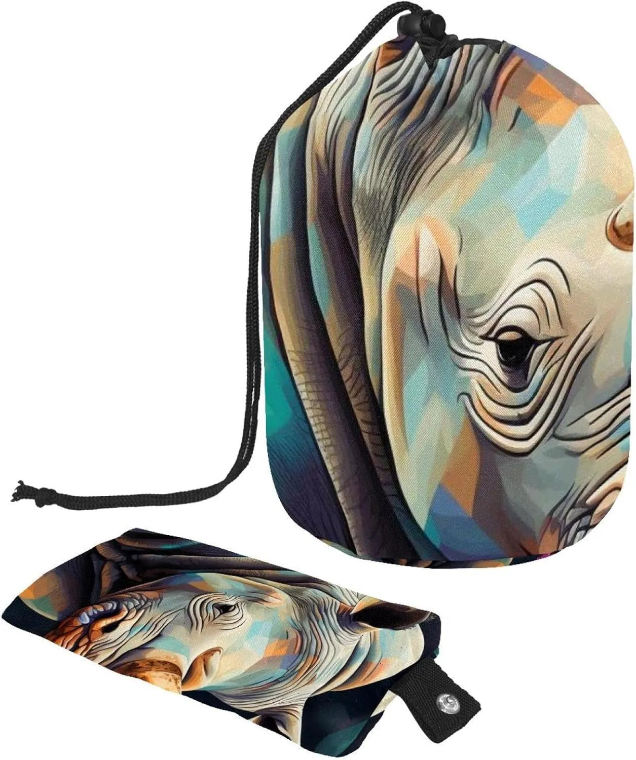 Travel Cosmetic Bags bucket Makeup Bag, Art Rhino Pattern 42 Women Portable Foldable Cases, Multifunctional Toiletry Bucket Bags Round Organizer Storage