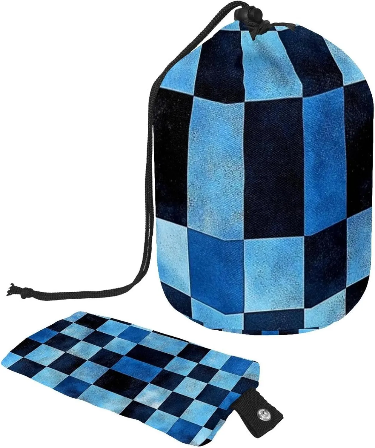 Travel Cosmetic Bags bucket Makeup Bag, Art Watercolor Blue Check Print 14 Women Portable Foldable Cases, Multifunctional Toiletry Bucket Bags Round Organizer Storage