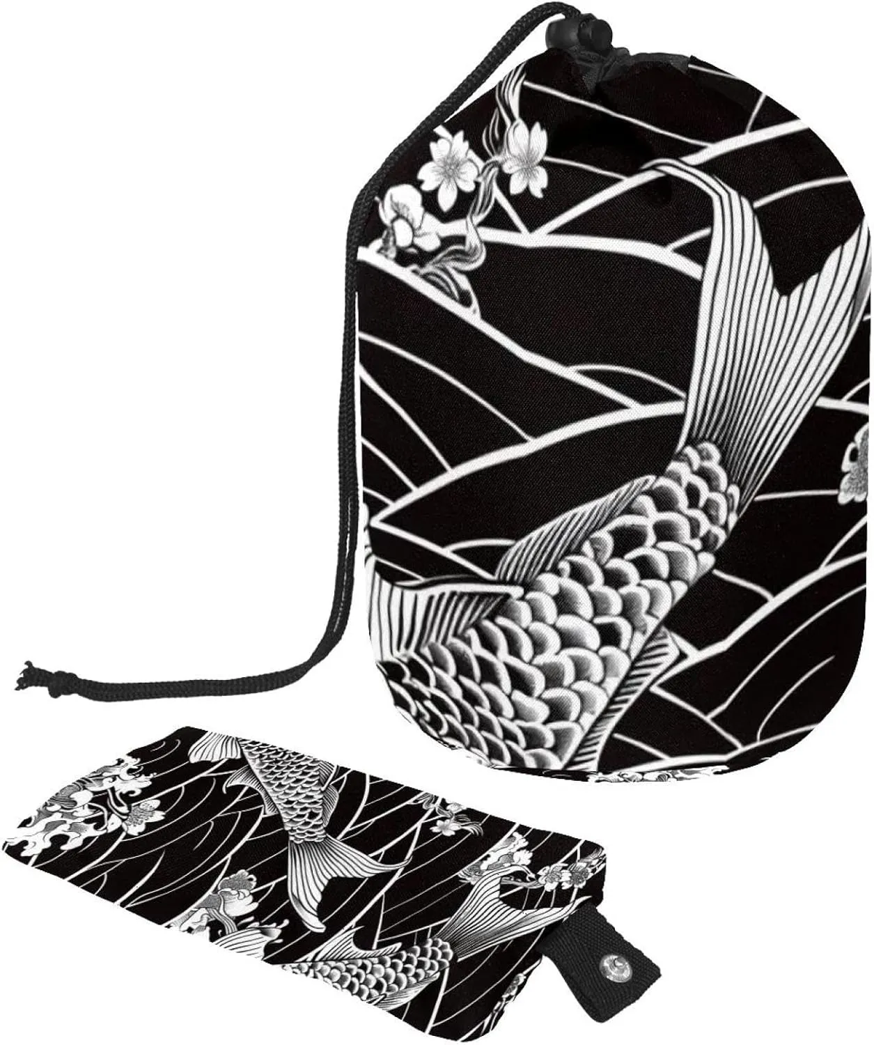 Travel Cosmetic Bags bucket Makeup Bag, Black Fish Japanese Tattoo Women Portable Foldable Cases, Multifunctional Toiletry Bucket Bags Round Organizer Storage