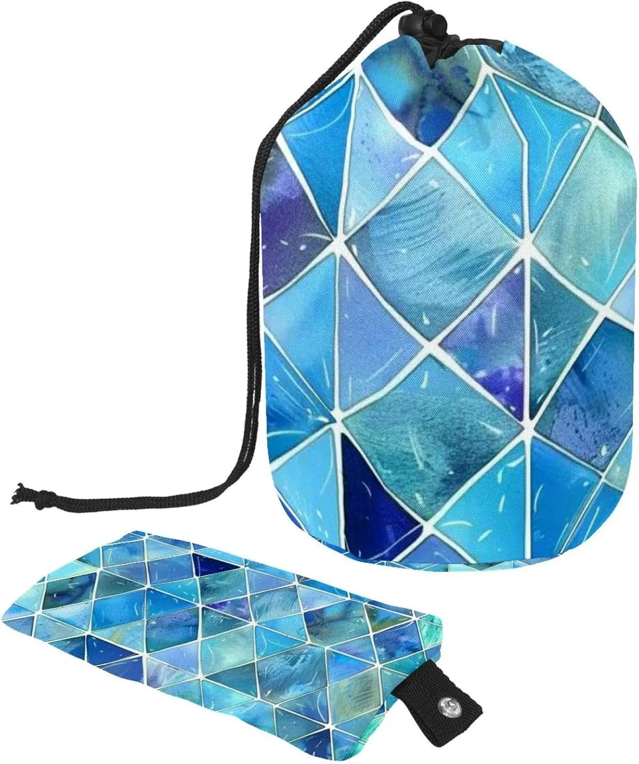 Travel Cosmetic Bags bucket Makeup Bag, Blue Watercolor Triangle Print Women Portable Foldable Cases, Multifunctional Toiletry Bucket Bags Round Organizer Storage