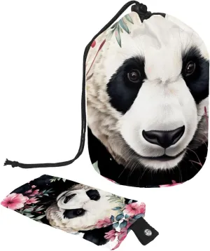 Travel Cosmetic Bags bucket Makeup Bag, Cute Panda with Colorful Floral Women Portable Foldable Cases, Multifunctional Toiletry Bucket Bags Round Organizer Storage