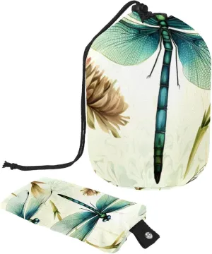 Travel Cosmetic Bags bucket Makeup Bag, Green Dragonfly Women Portable Foldable Cases, Multifunctional Toiletry Bucket Bags Round Organizer Storage