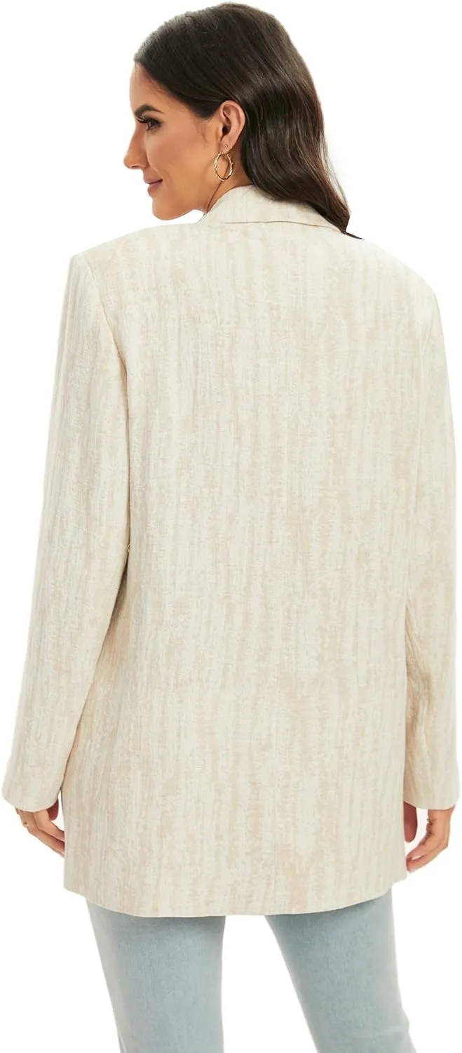TRNY Womens Long Blazer - Linen Blazer Jackets with Textured Jacquard Long Sleeves Peak Lapel Suit for Work Casual Office