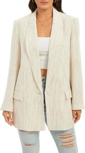 TRNY Womens Long Blazer - Linen Blazer Jackets with Textured Jacquard Long Sleeves Peak Lapel Suit for Work Casual Office
