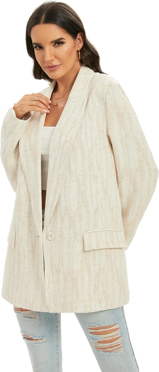 TRNY Womens Long Blazer - Linen Blazer Jackets with Textured Jacquard Long Sleeves Peak Lapel Suit for Work Casual Office