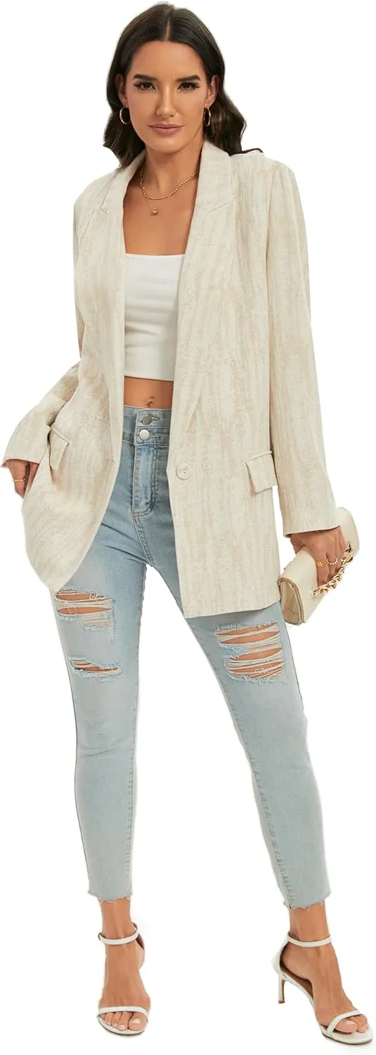 TRNY Womens Long Blazer - Linen Blazer Jackets with Textured Jacquard Long Sleeves Peak Lapel Suit for Work Casual Office