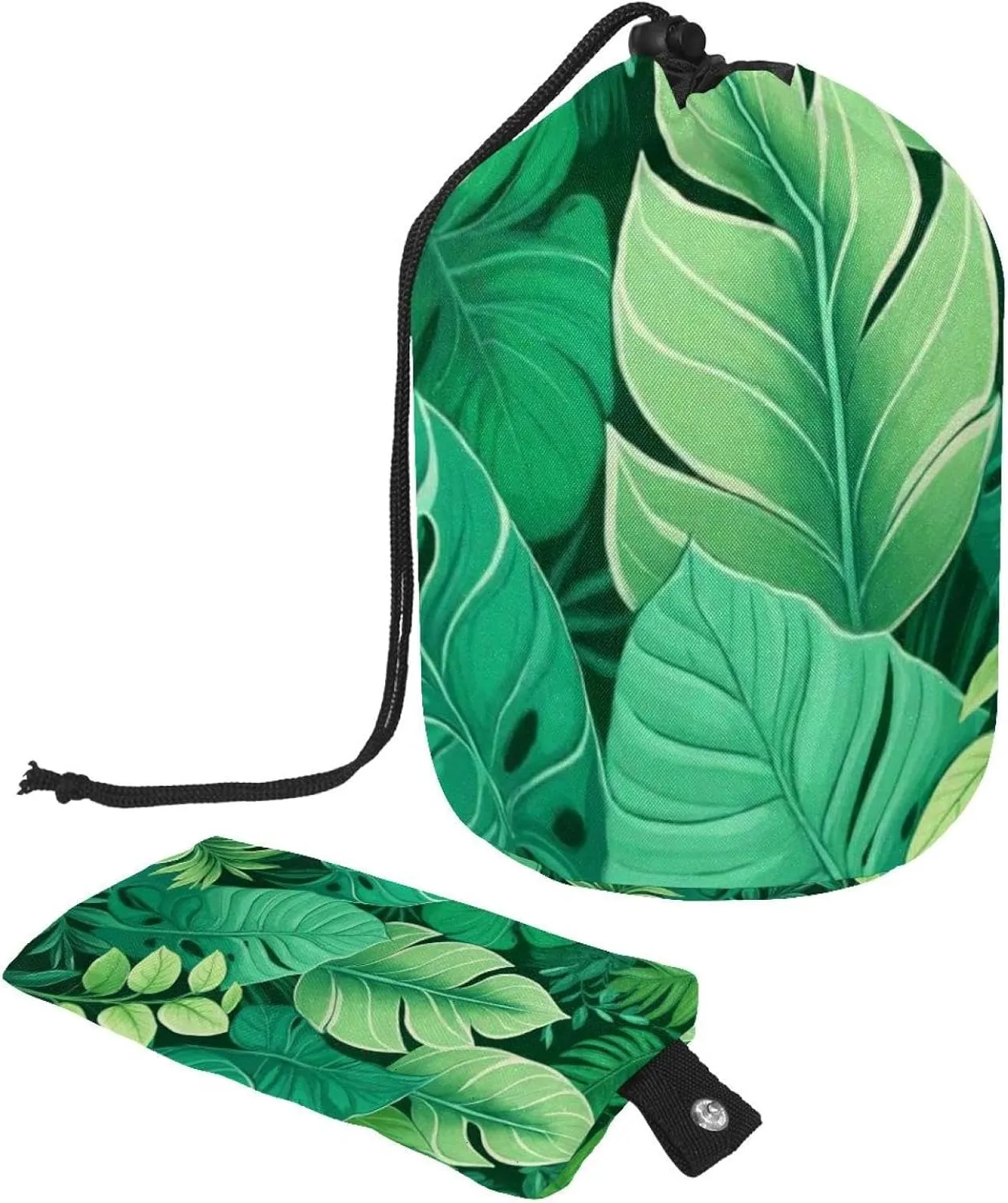 Tropical Green Summer Leaf Travel Cosmetic Bags Makeup Bag for Women, Foldable Drawstring Travel Cosmetic Bags, Portable Toiletry Bucket Bag