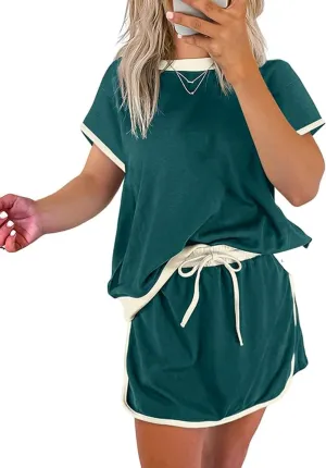 Two Piece Sets for Women Summer Casual Short Sleeve Tshirts and Drawstring Mini Skirts Vacation Lounge Sets