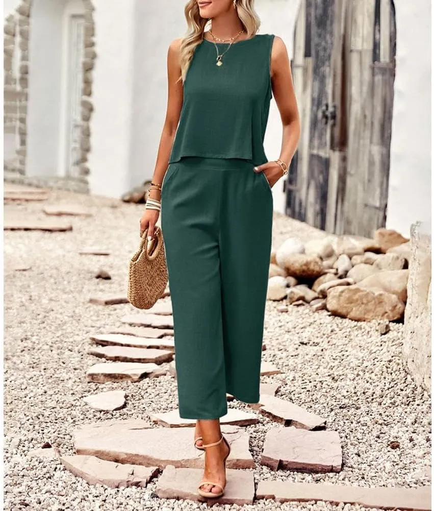 Two Piece Summer Outfits for Women Linen Pants Suits Casual Sleeveless Crop Top and Wide Leg Pants Sets S-XL