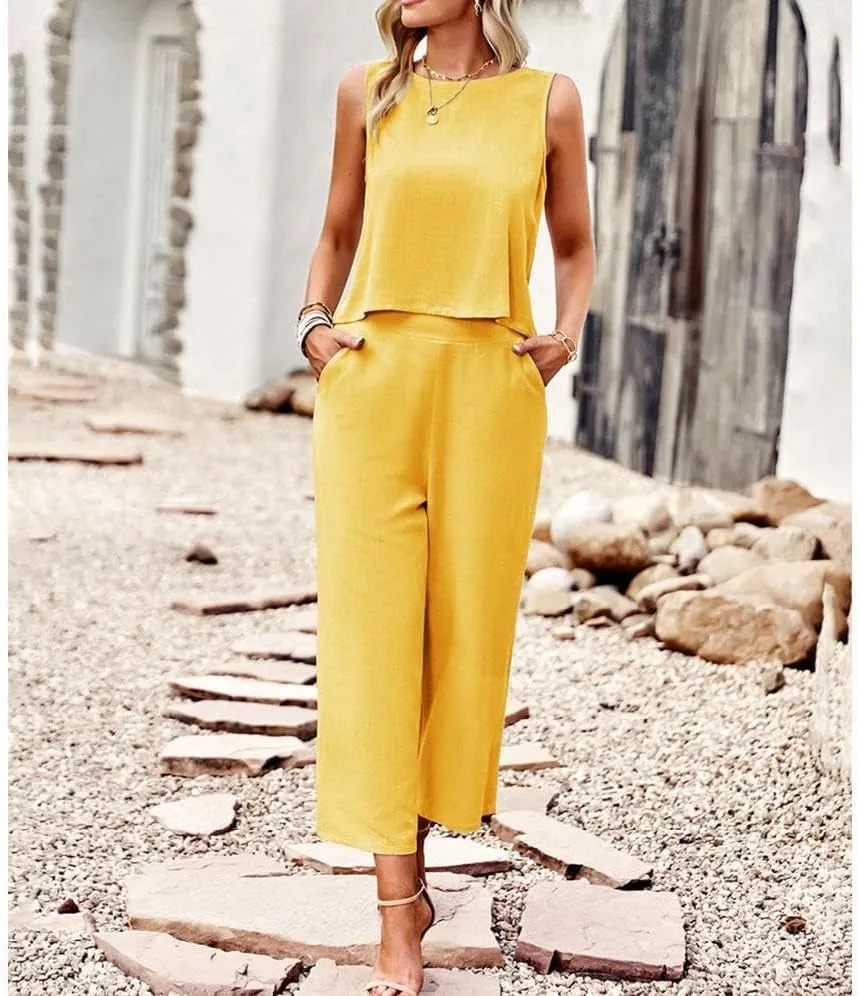Two Piece Summer Outfits for Women Linen Pants Suits Casual Sleeveless Crop Top and Wide Leg Pants Sets S-XL