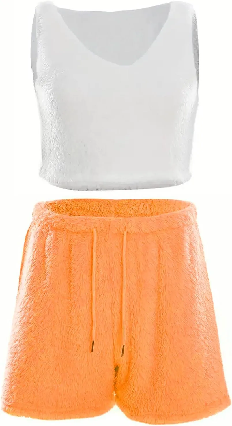 Vakkest Women's Sexy 3 Piece Pajamas Outfit Fuzzy Fleece Warm Sherpa Coat Jacket Outwear Spaghetti Strap Crop Top Shorts Set