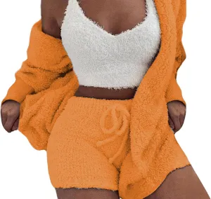 Vakkest Women's Sexy 3 Piece Pajamas Outfit Fuzzy Fleece Warm Sherpa Coat Jacket Outwear Spaghetti Strap Crop Top Shorts Set