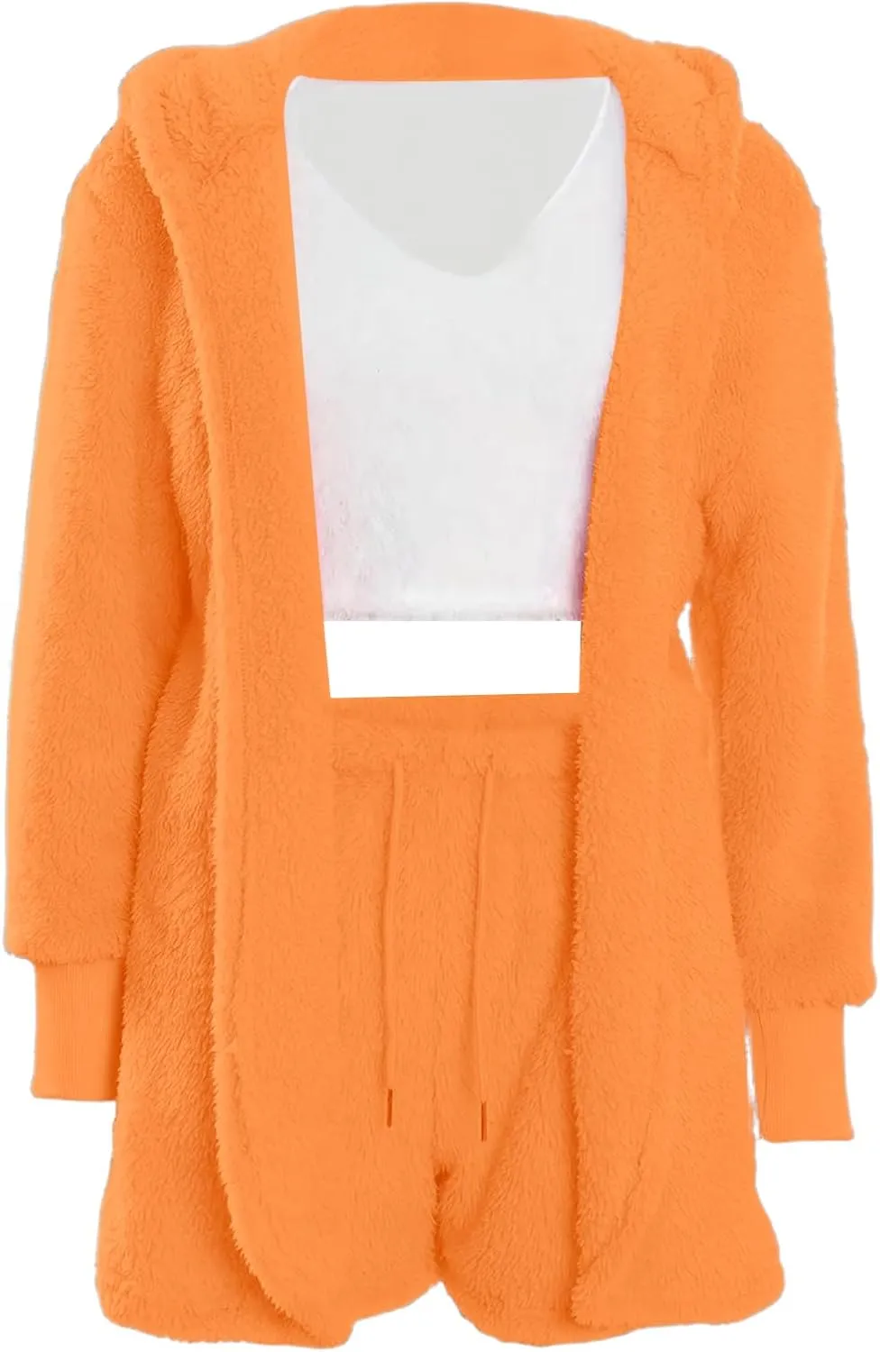 Vakkest Women's Sexy 3 Piece Pajamas Outfit Fuzzy Fleece Warm Sherpa Coat Jacket Outwear Spaghetti Strap Crop Top Shorts Set
