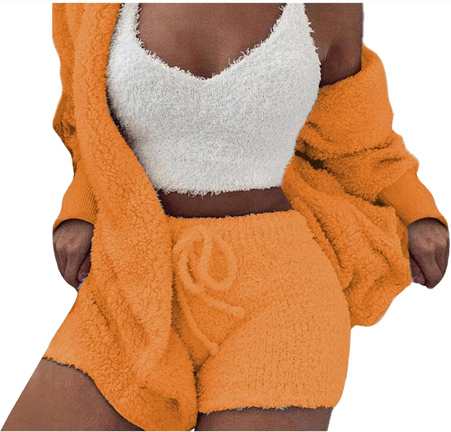 Vakkest Women's Sexy 3 Piece Pajamas Outfit Fuzzy Fleece Warm Sherpa Coat Jacket Outwear Spaghetti Strap Crop Top Shorts Set