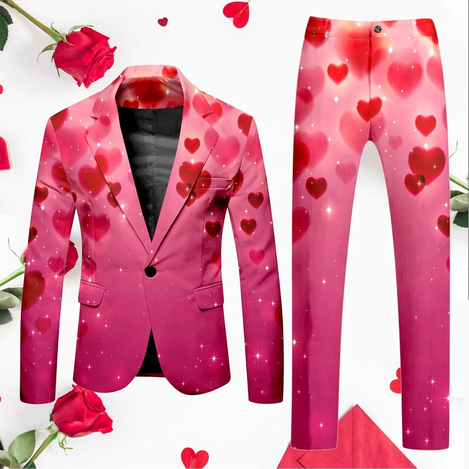 Valentine's Day Suit for Men Heart Printing 2 Piece One Button Peak Lapel Suit Jacket Wedding Prom Dress Outfit