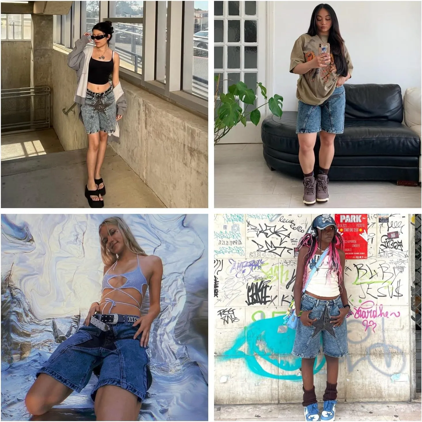 Vamtac Mens Star Denim Shorts Baggy Jeans Casual Streetwear 90s Patchwork Unisex Summer Jorts