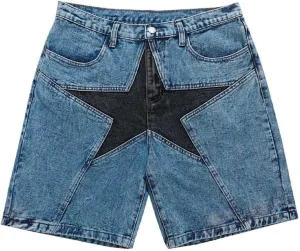 Vamtac Mens Star Denim Shorts Baggy Jeans Casual Streetwear 90s Patchwork Unisex Summer Jorts