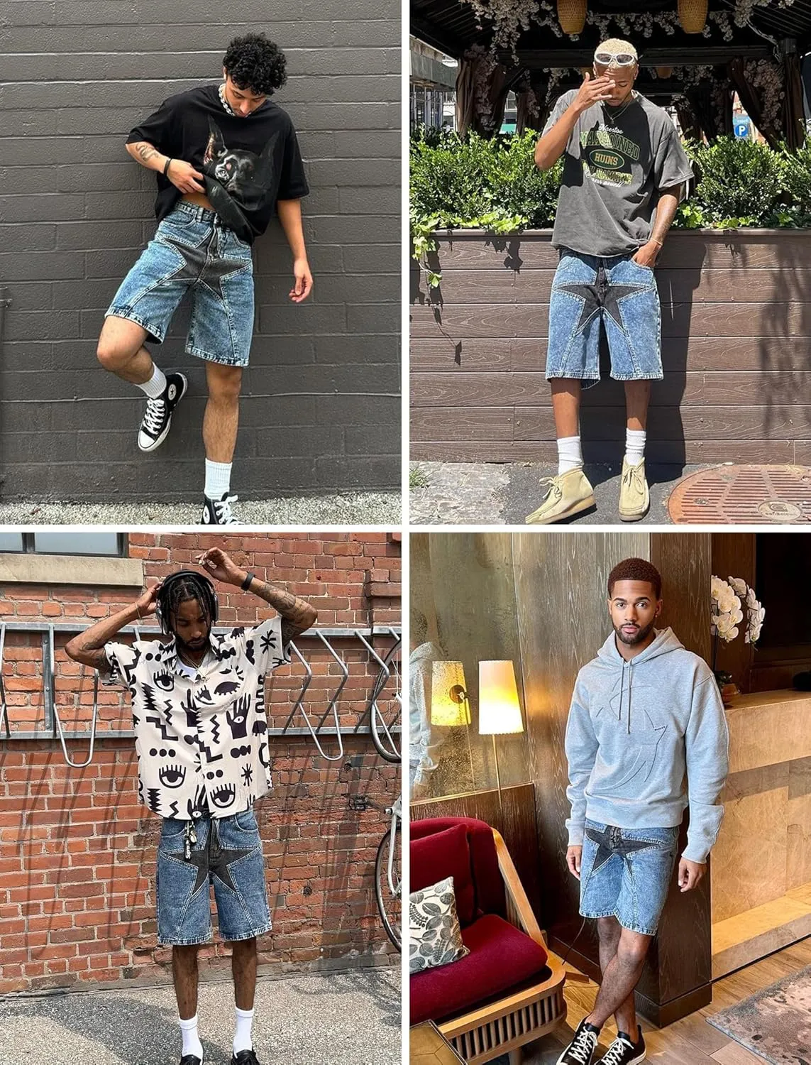 Vamtac Mens Star Denim Shorts Baggy Jeans Casual Streetwear 90s Patchwork Unisex Summer Jorts