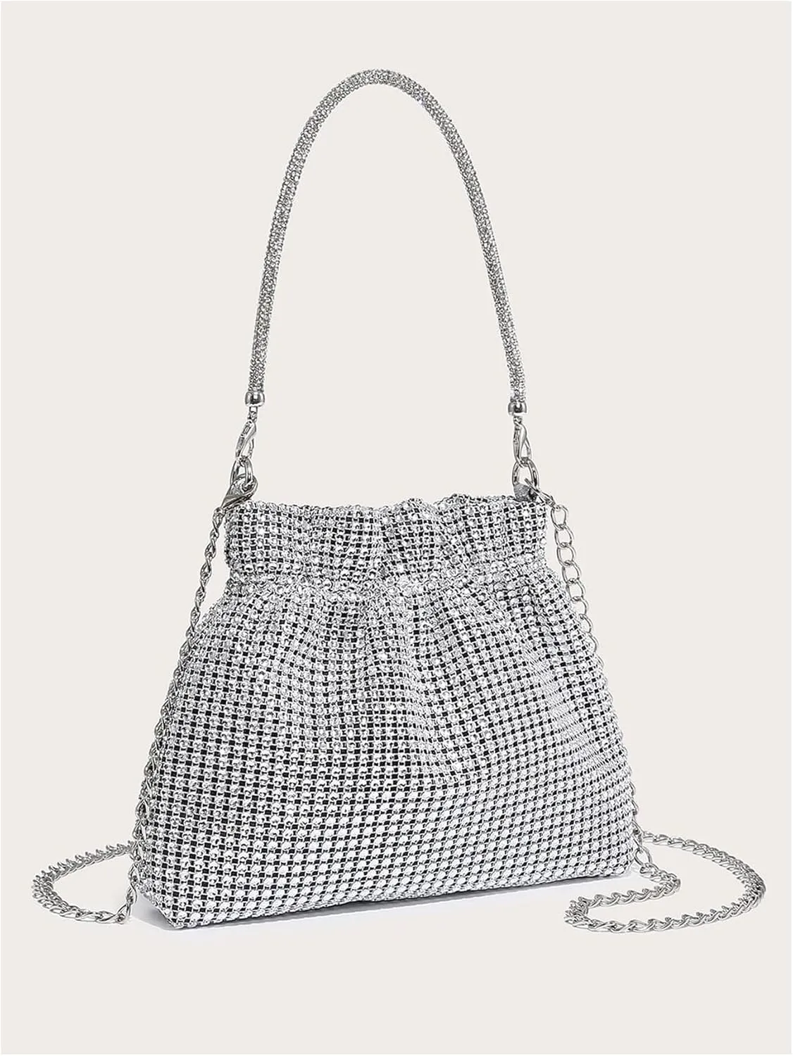 Verdusa Women's Rhinestone Glitter Evening Bags Ruched Top Handle Metal Chain Clutch Purses