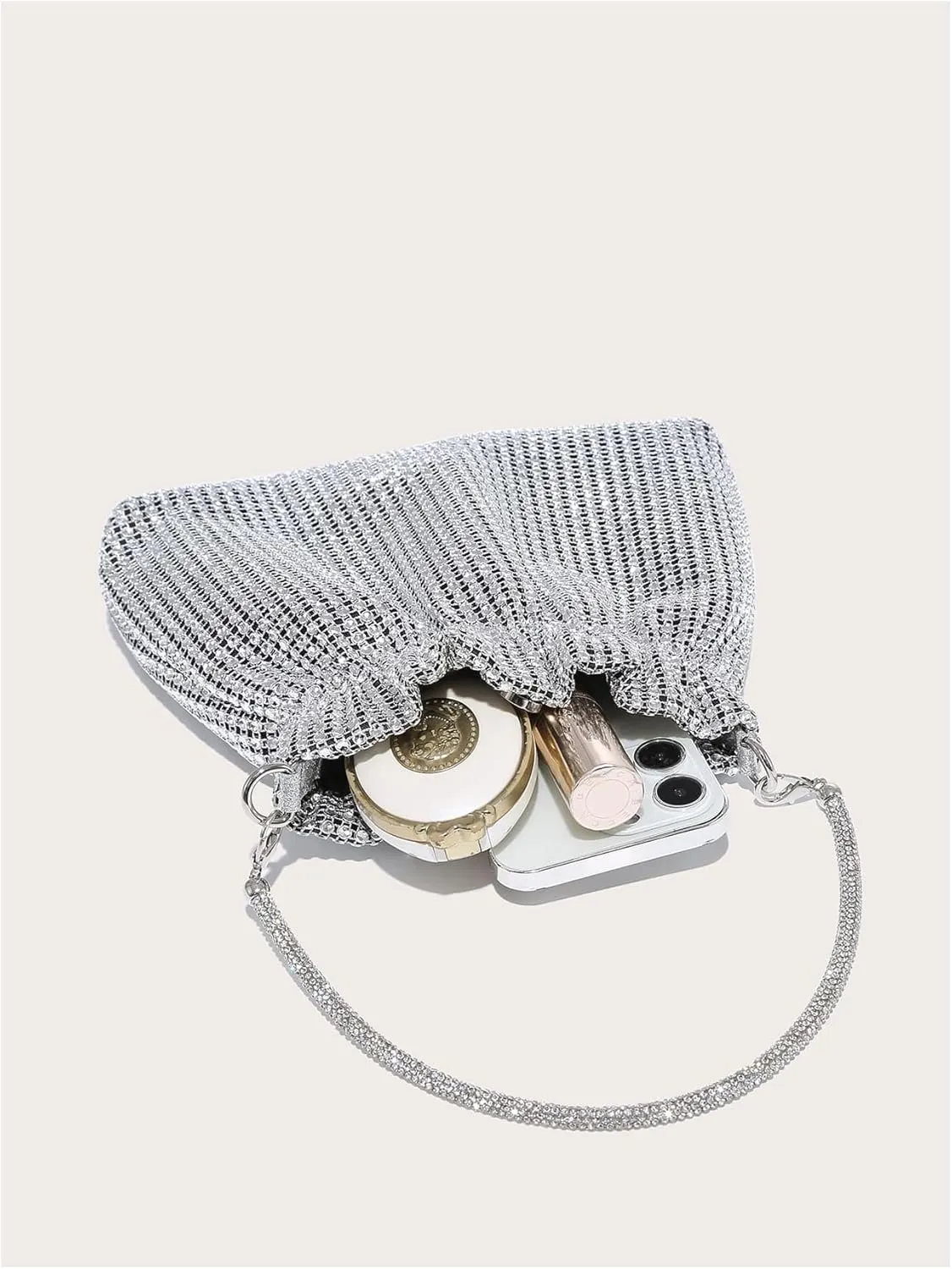 Verdusa Women's Rhinestone Glitter Evening Bags Ruched Top Handle Metal Chain Clutch Purses