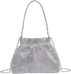 Verdusa Women's Rhinestone Glitter Evening Bags Ruched Top Handle Metal Chain Clutch Purses