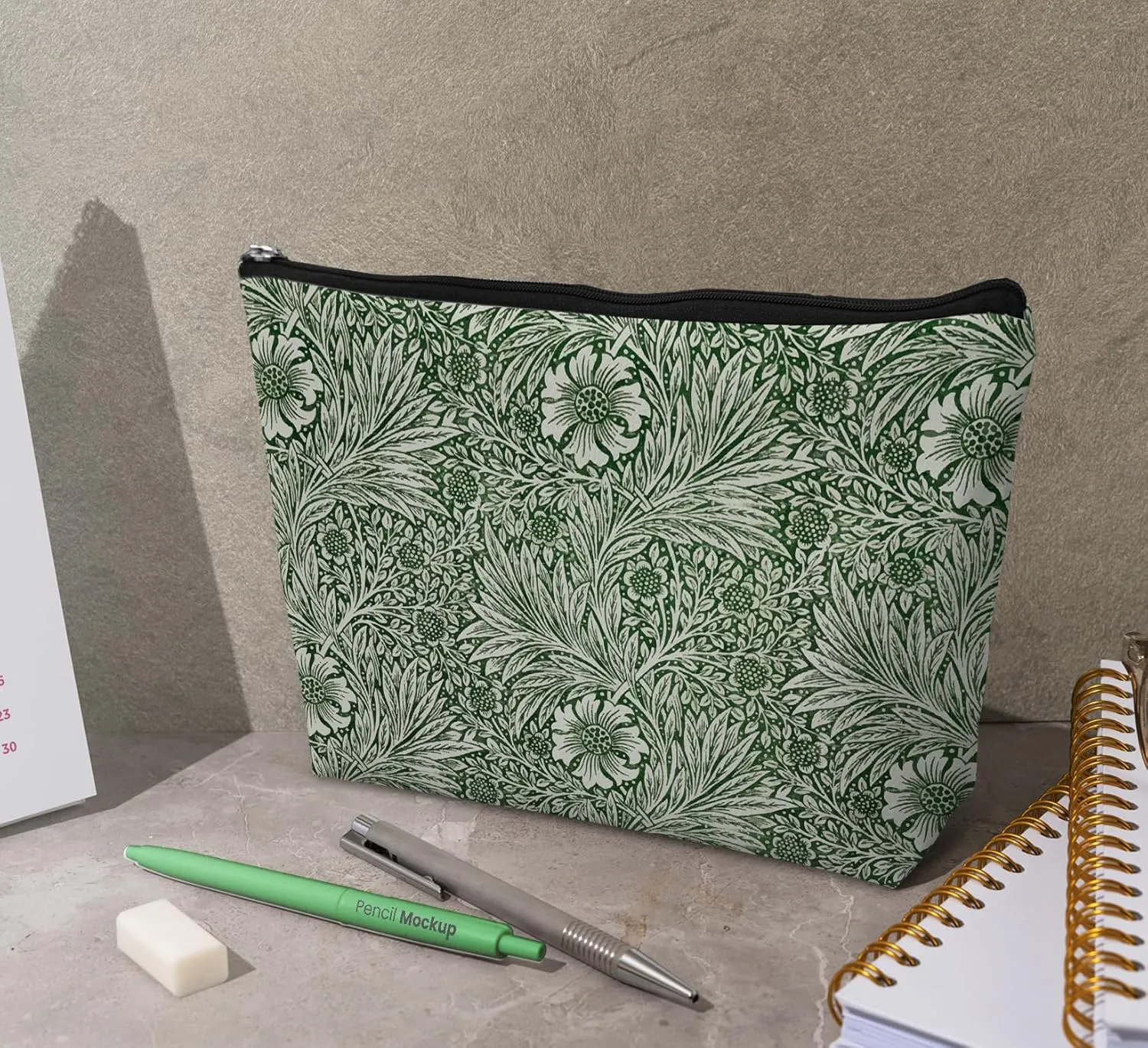 Vintage Olive Green Marigold Aesthetic Makeup Bag,Abstract Eucalyptus Green Flower Leather Small Zipper Pouch for Purse,Cosmetic Bag Zipper Pouch for Women Teens Girl