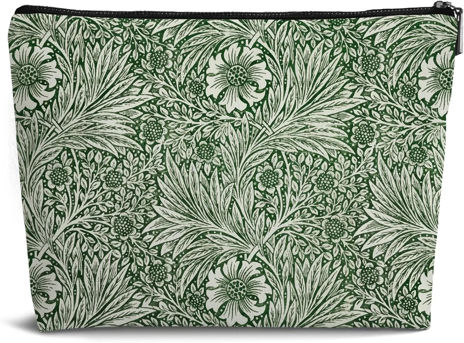Vintage Olive Green Marigold Aesthetic Makeup Bag,Abstract Eucalyptus Green Flower Leather Small Zipper Pouch for Purse,Cosmetic Bag Zipper Pouch for Women Teens Girl
