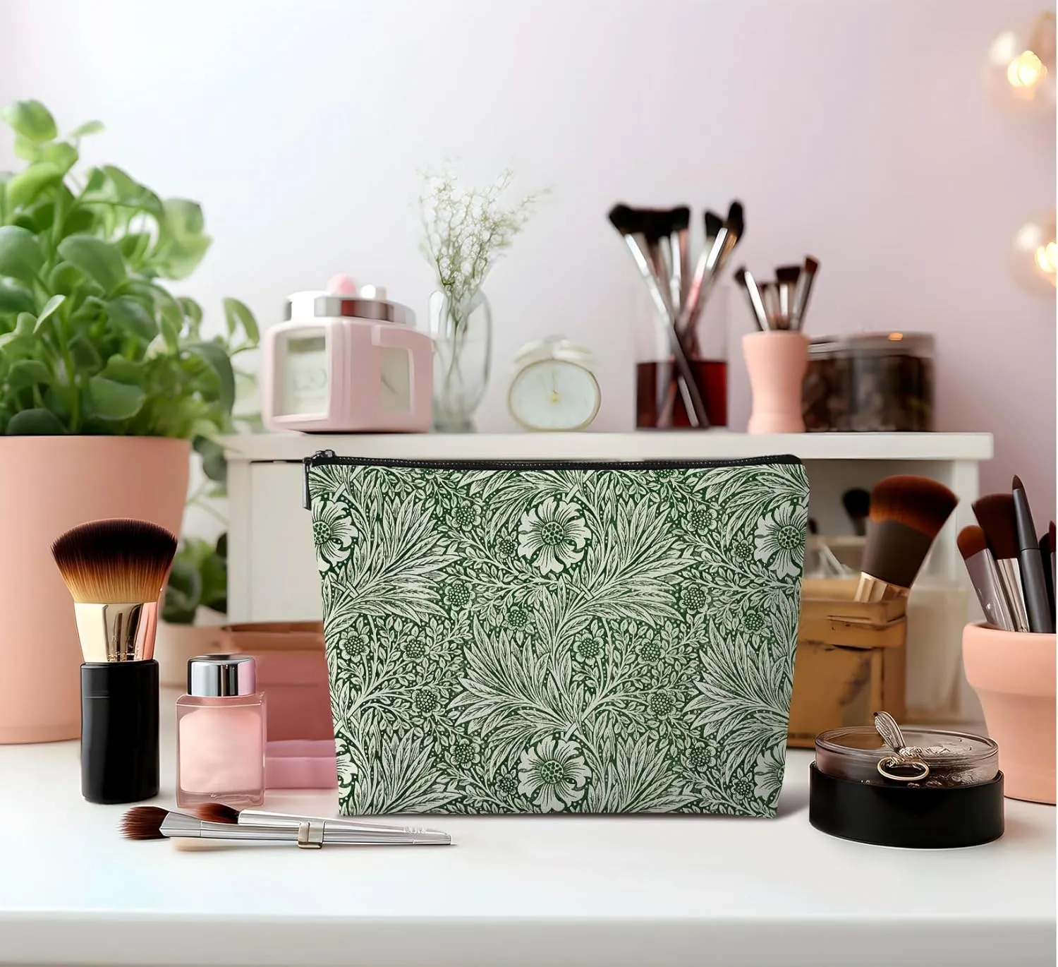 Vintage Olive Green Marigold Aesthetic Makeup Bag,Abstract Eucalyptus Green Flower Leather Small Zipper Pouch for Purse,Cosmetic Bag Zipper Pouch for Women Teens Girl