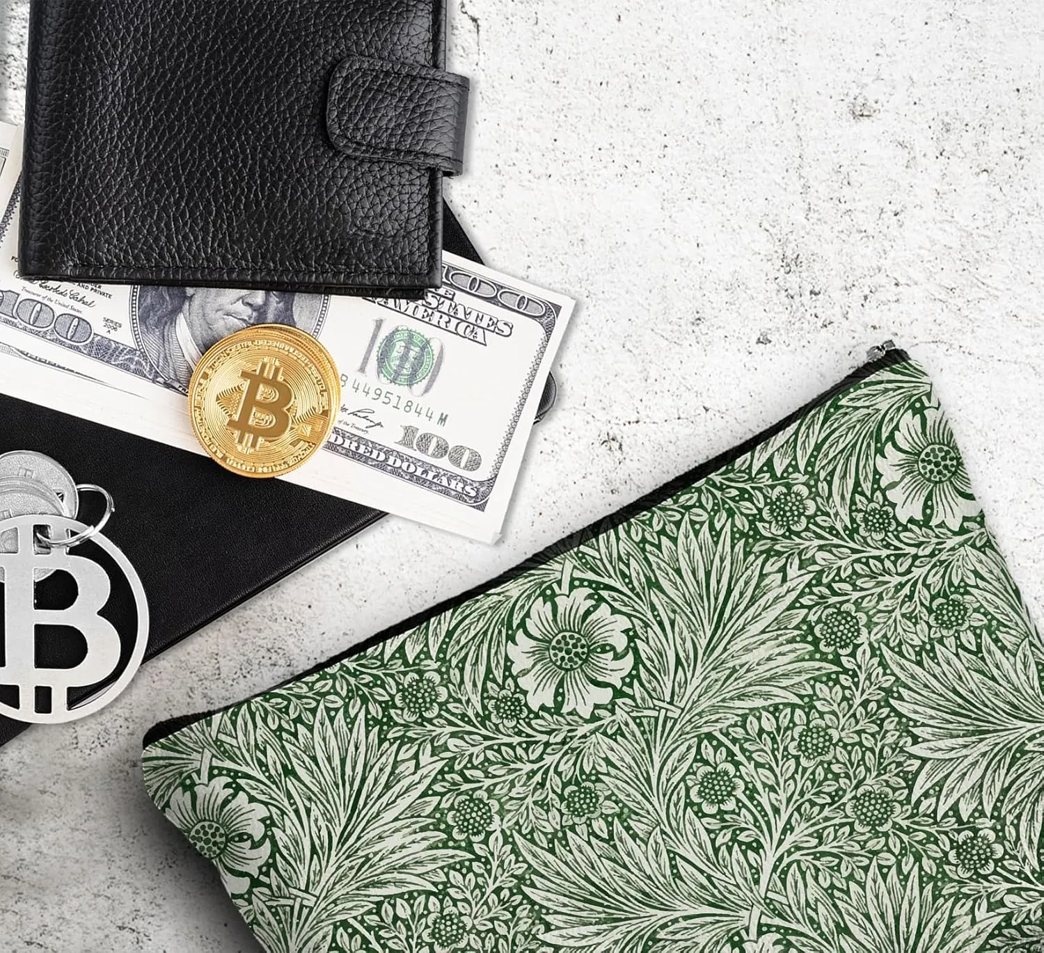 Vintage Olive Green Marigold Aesthetic Makeup Bag,Abstract Eucalyptus Green Flower Leather Small Zipper Pouch for Purse,Cosmetic Bag Zipper Pouch for Women Teens Girl