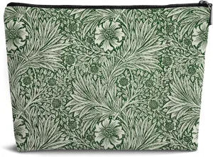 Vintage Olive Green Marigold Aesthetic Makeup Bag,Abstract Eucalyptus Green Flower Leather Small Zipper Pouch for Purse,Cosmetic Bag Zipper Pouch for Women Teens Girl