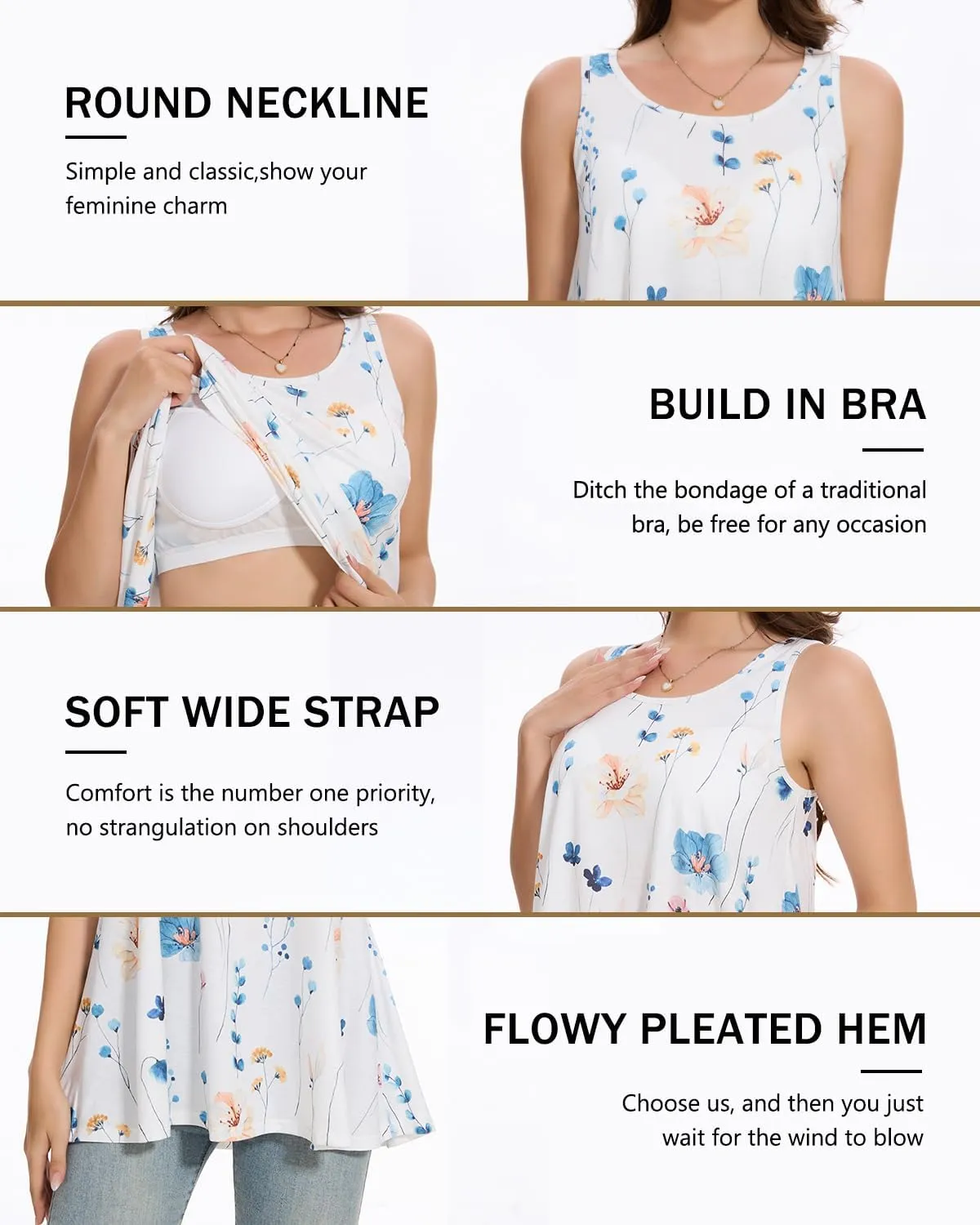 Vislivin Tank Top for Women with Built in Bra Loose Fit Tanks Flowy Plead Camisole for Workout Travel