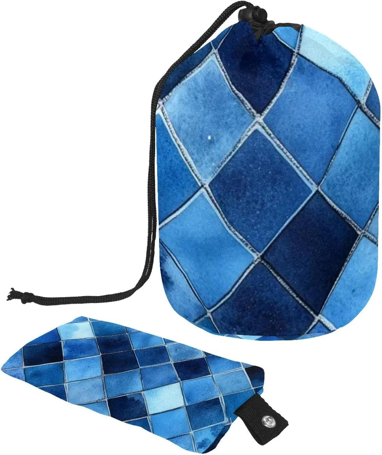 Watercolor Mosaic Blue Geometric 37 Travel Cosmetic Bags Makeup Bag for Women, Foldable Drawstring Travel Cosmetic Bags, Portable Toiletry Bucket Bag