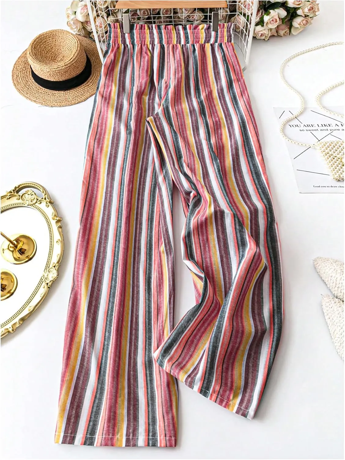 WDIRARA Women's Plus Size Boho Rainbow Striped Pants Drawstring High Waisted Wide Leg Trousers