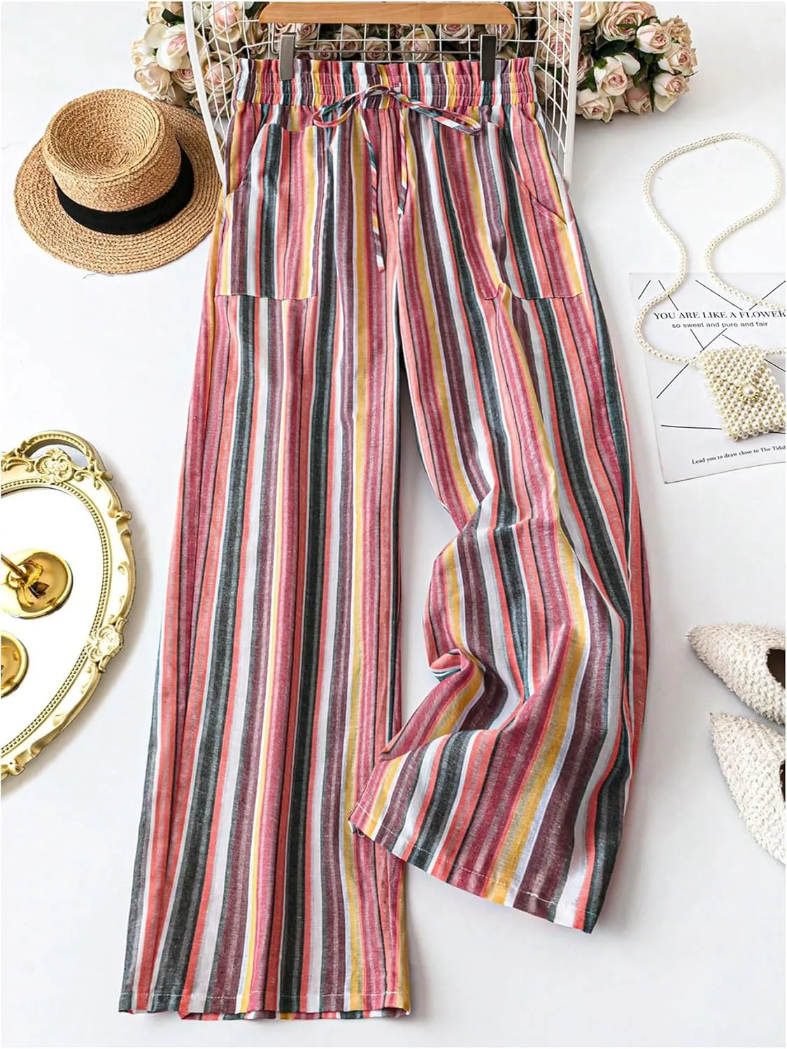 WDIRARA Women's Plus Size Boho Rainbow Striped Pants Drawstring High Waisted Wide Leg Trousers