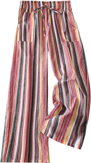 WDIRARA Women's Plus Size Boho Rainbow Striped Pants Drawstring High Waisted Wide Leg Trousers
