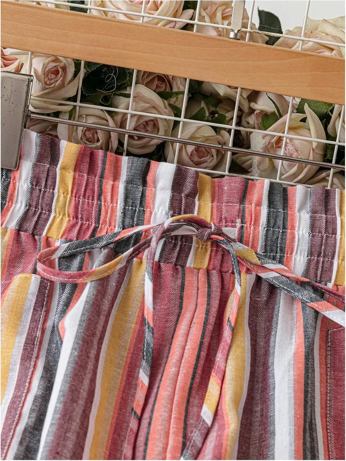 WDIRARA Women's Plus Size Boho Rainbow Striped Pants Drawstring High Waisted Wide Leg Trousers