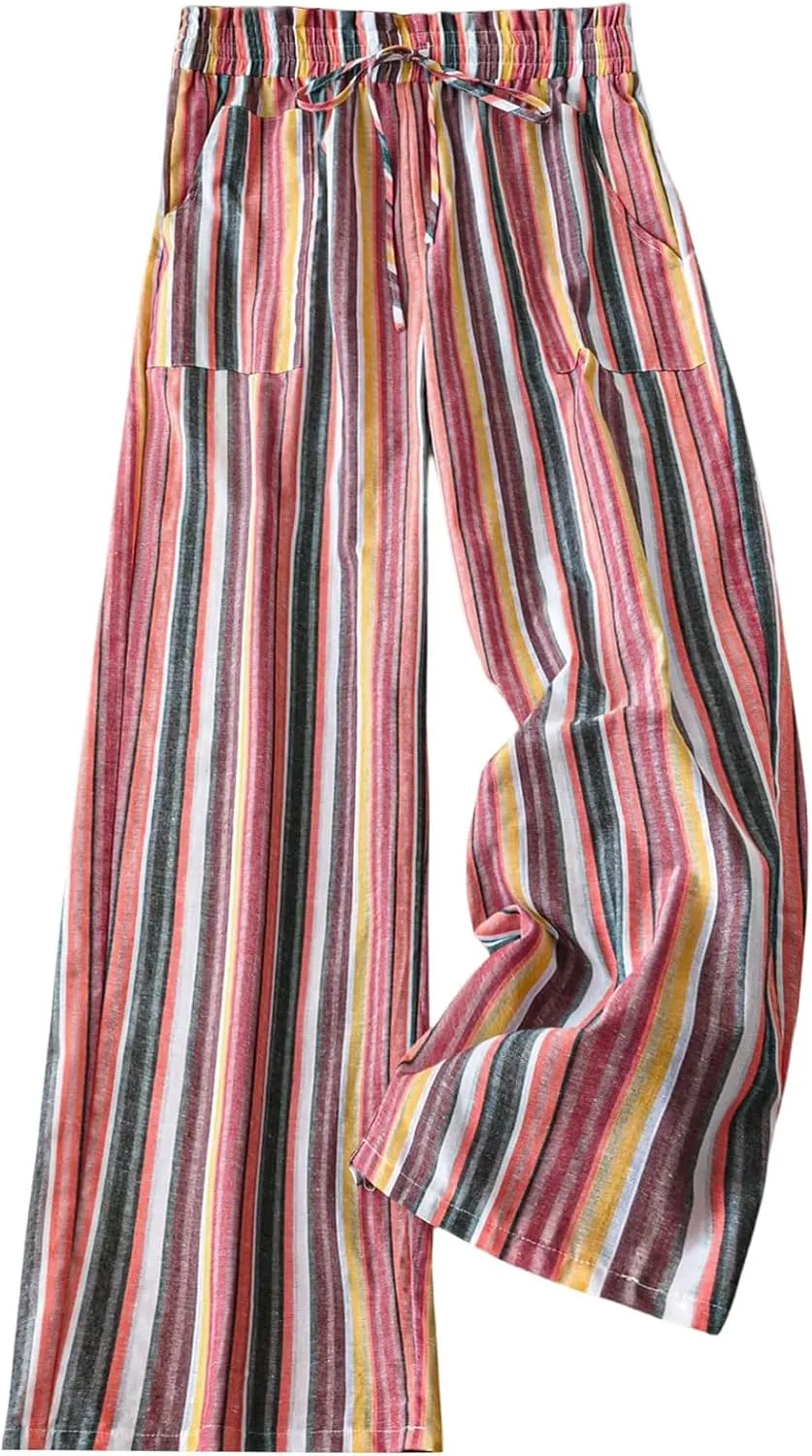 WDIRARA Women's Plus Size Boho Rainbow Striped Pants Drawstring High Waisted Wide Leg Trousers