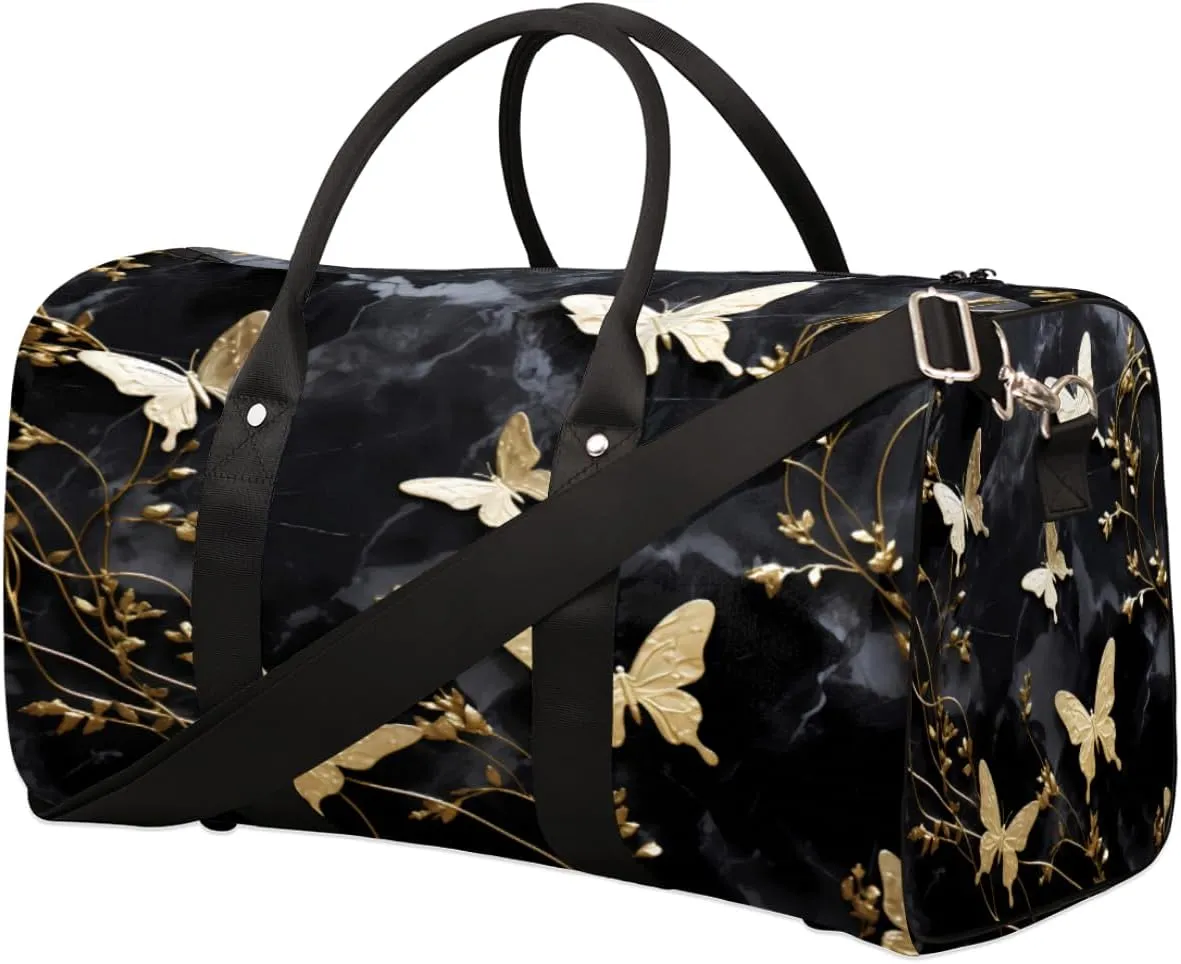 White Golden Butterfly Travel Duffel Bag for Women Men, Marble Animal Sport Tote Gym Bag Foldable Weekender Overnight Bag Waterproof Carry On Luggage Bag