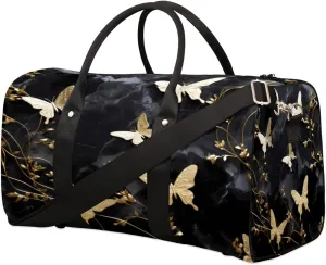 White Golden Butterfly Travel Duffel Bag for Women Men, Marble Animal Sport Tote Gym Bag Foldable Weekender Overnight Bag Waterproof Carry On Luggage Bag