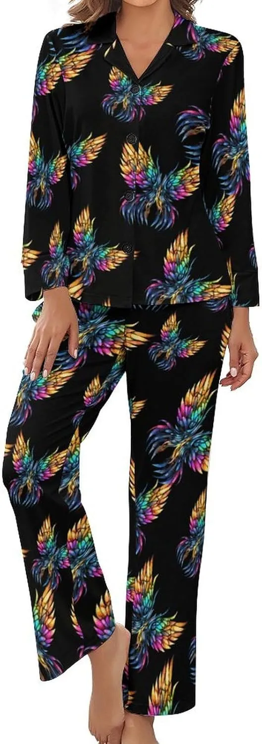 Wings of The Dragon Women's Long Sleeve Pajama Set Soft Button Down Nightwear Loungewear Lounge Sets