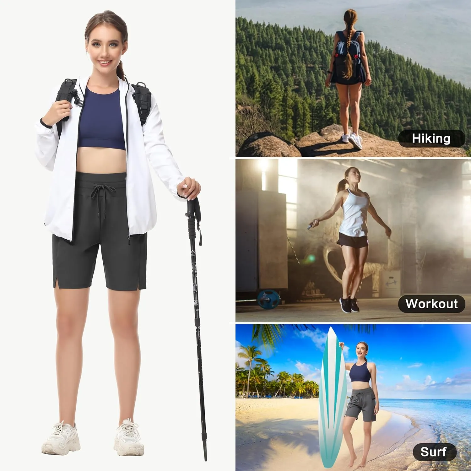 Wmen's 7" Hiking Athletic Shorts - High Waisted Quick Dry Lightweight Summer Travel Board Shorts with Zip Pockets UPF50