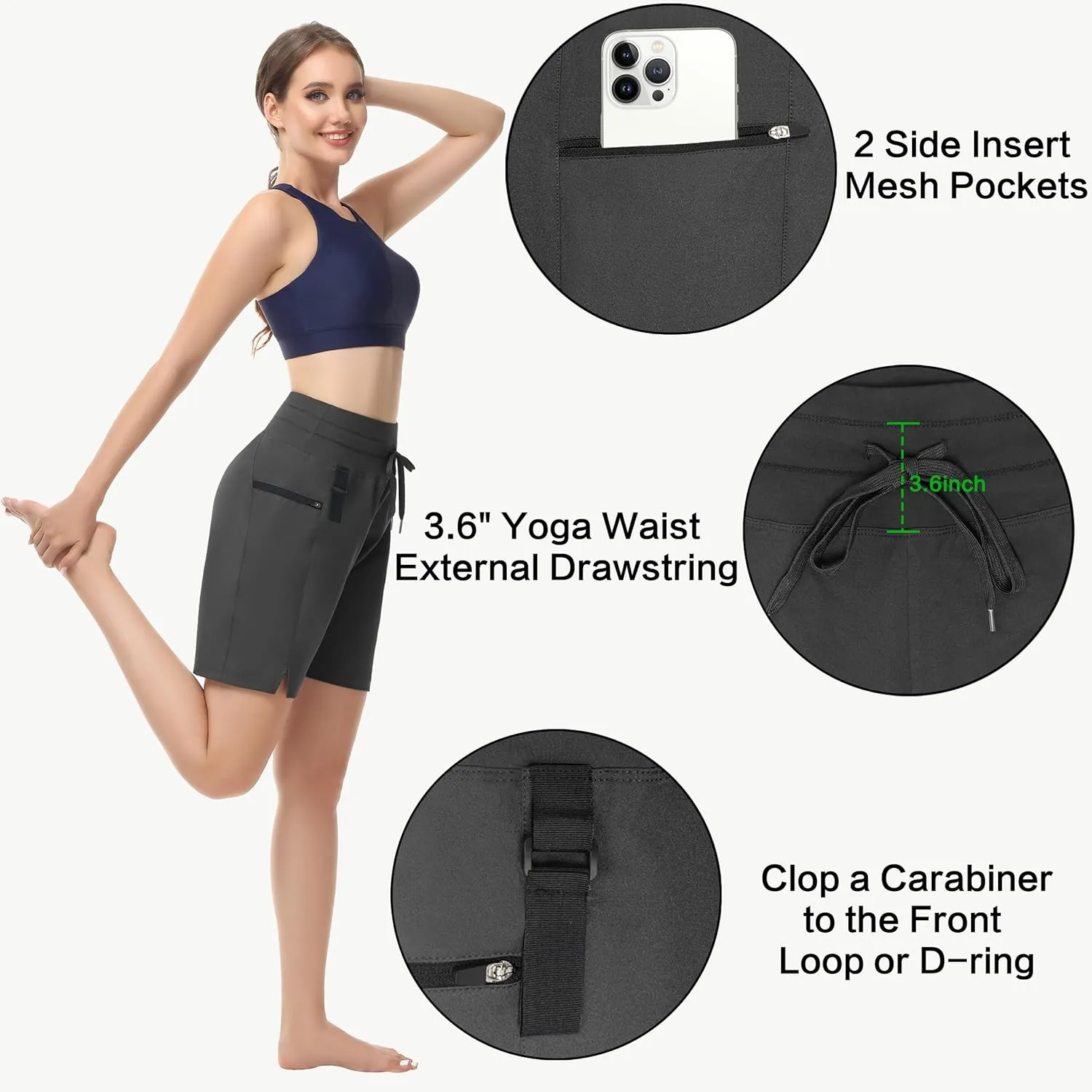 Wmen's 7" Hiking Athletic Shorts - High Waisted Quick Dry Lightweight Summer Travel Board Shorts with Zip Pockets UPF50